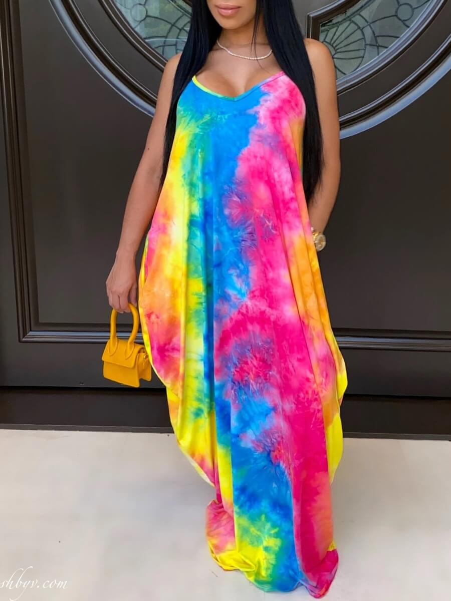 

Lovely Casual Spaghetti Strap Tie-dye Multicolor Floor Length Dress, Multi