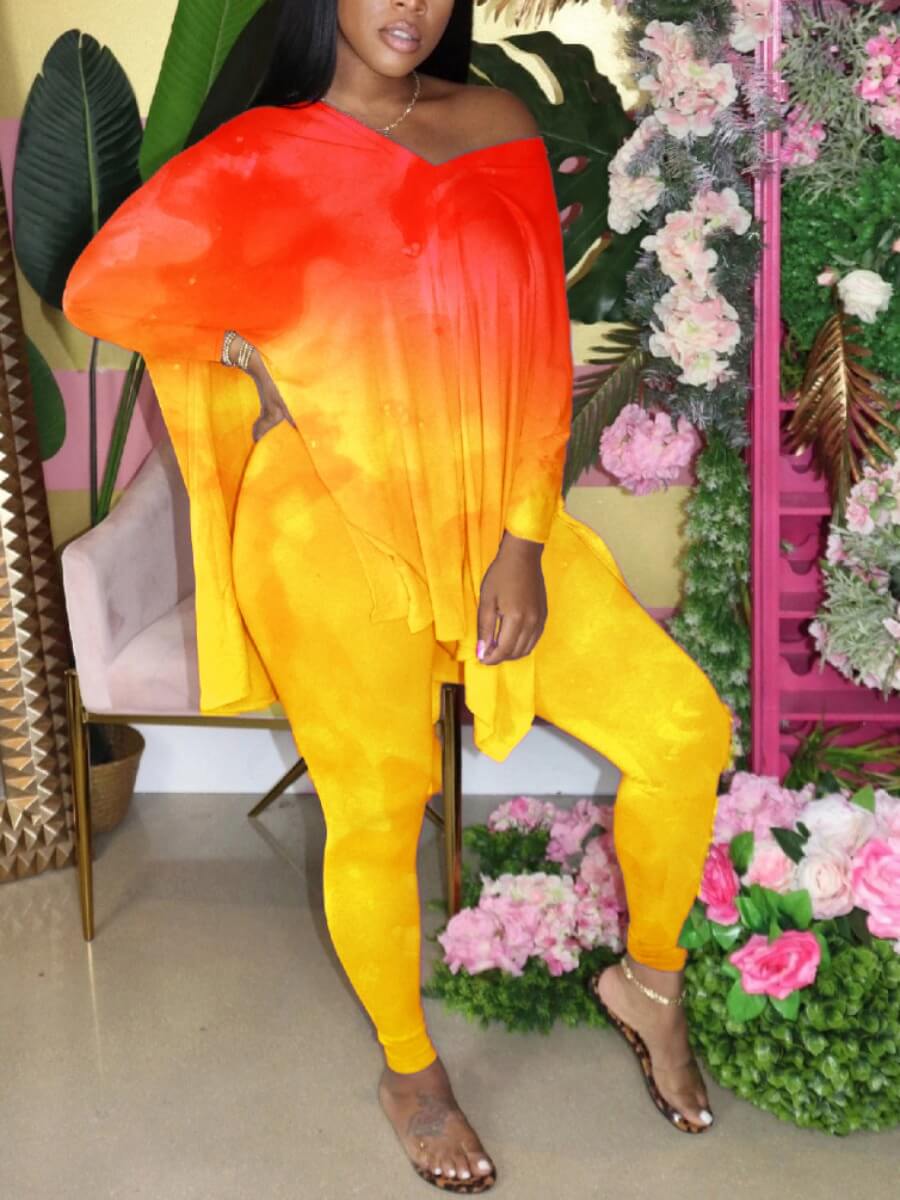

LW BASICS Plus Size Stylish V Neck Tie-dye Split Orange Two-piece Pants Set