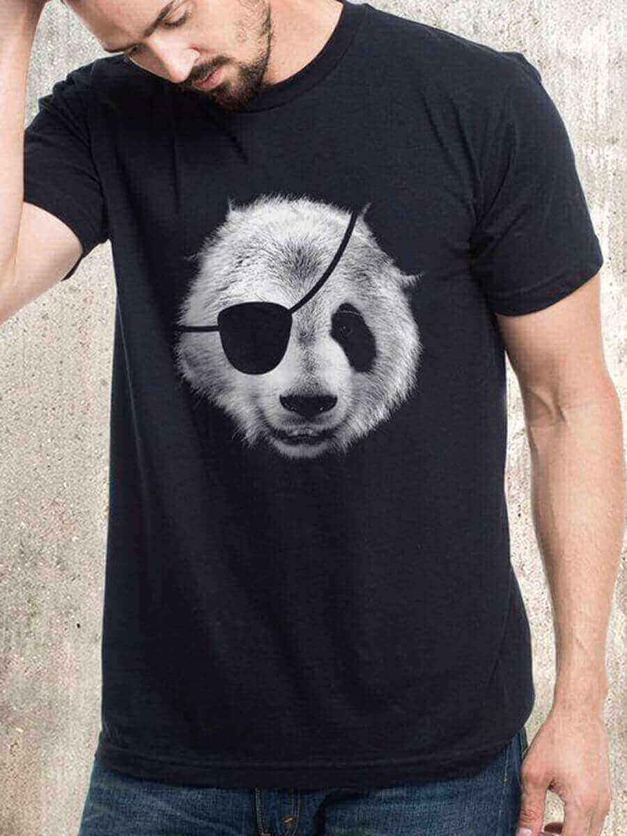 

LW Men Casual O Neck Panda Print Black T-shirt
