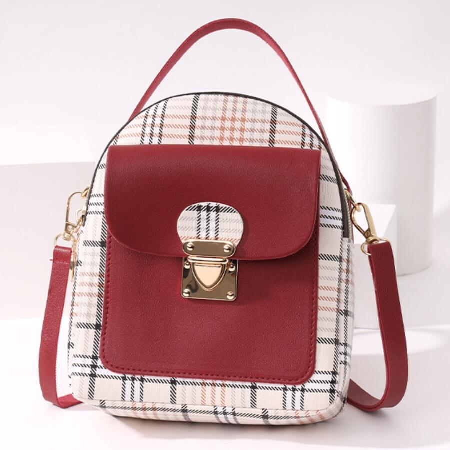 

LW Casual Plaid Print Patchwork Metal Accessories Decoration Red Crossbody Bags