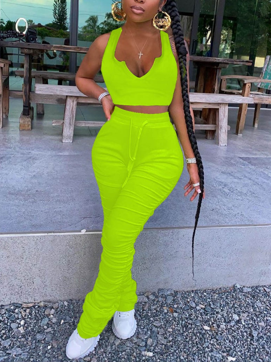 

LW Casual V Neck Fold Design Green Two Piece Pants Set