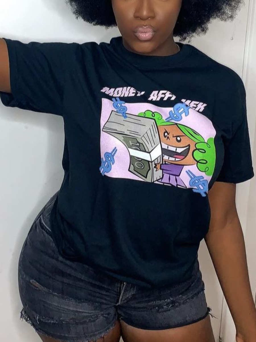 

Lovely Casual Cartoon Letter Print Black T-shirt