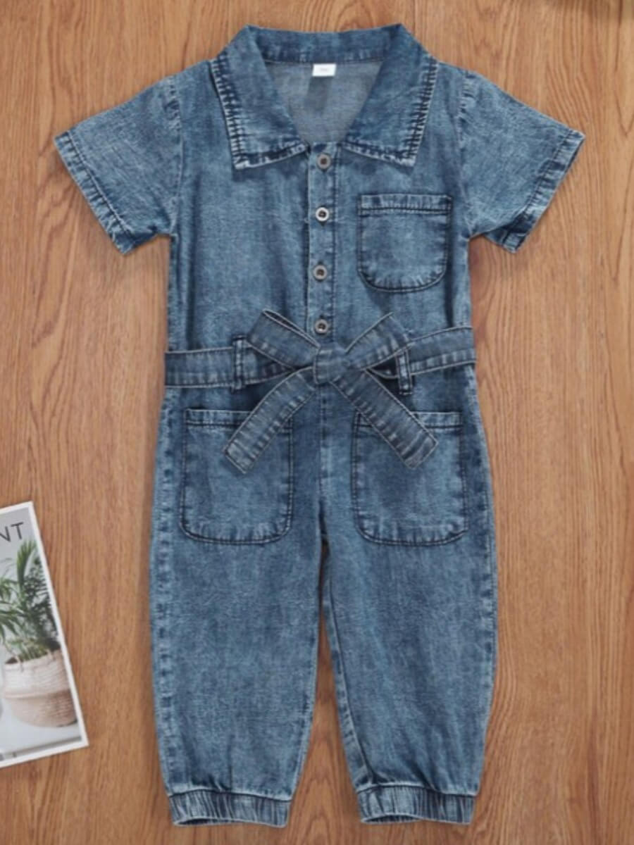 

Lovely Casual Turndown Collar Bandage Design Baby Blue Girl One-piece Jumpsuit