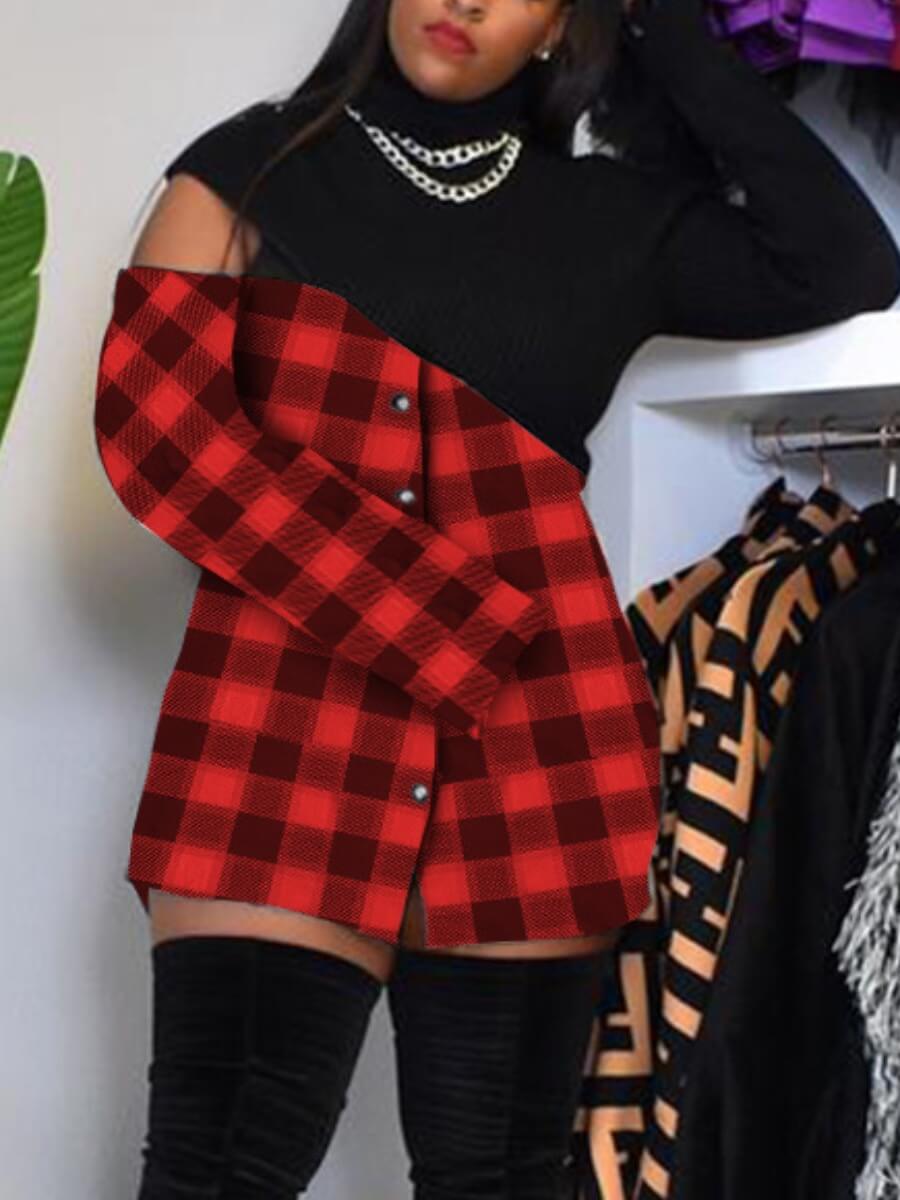 

Lovely Street Turtleneck Plaid Print Patchwork Hollow-out Red Mini Plus Size Dress