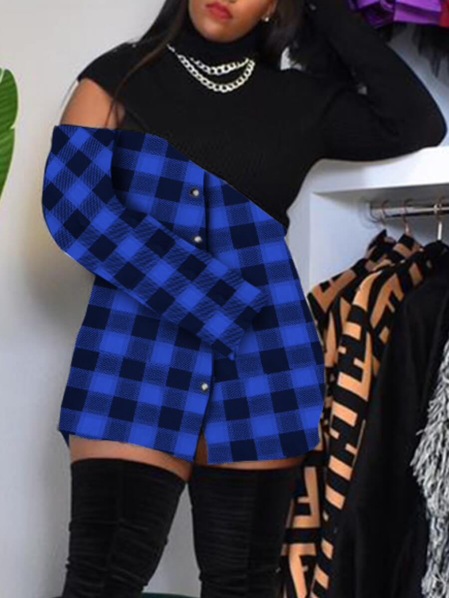 

Lovely Street Turtleneck Plaid Print Patchwork Hollow-out Blue Mini Plus Size Dress