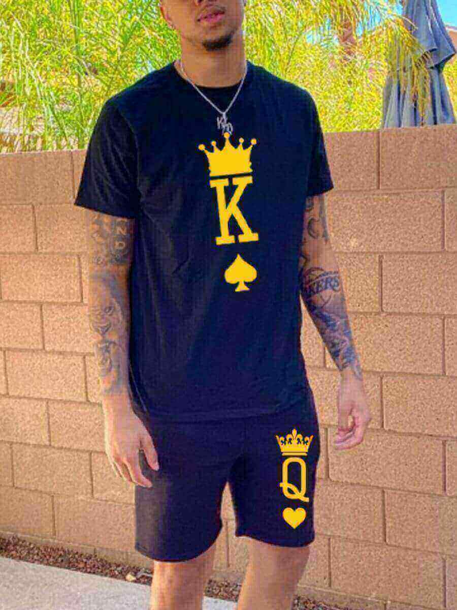 

Lovely Men Casual O Neck Card Print Black Two Piece Shorts Set