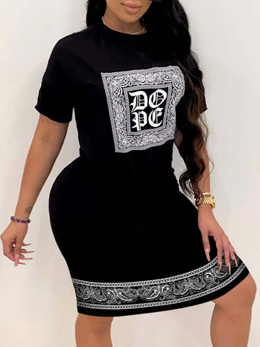 

Lovely Casual O Neck Print Patchwork Black Knee Length Dress