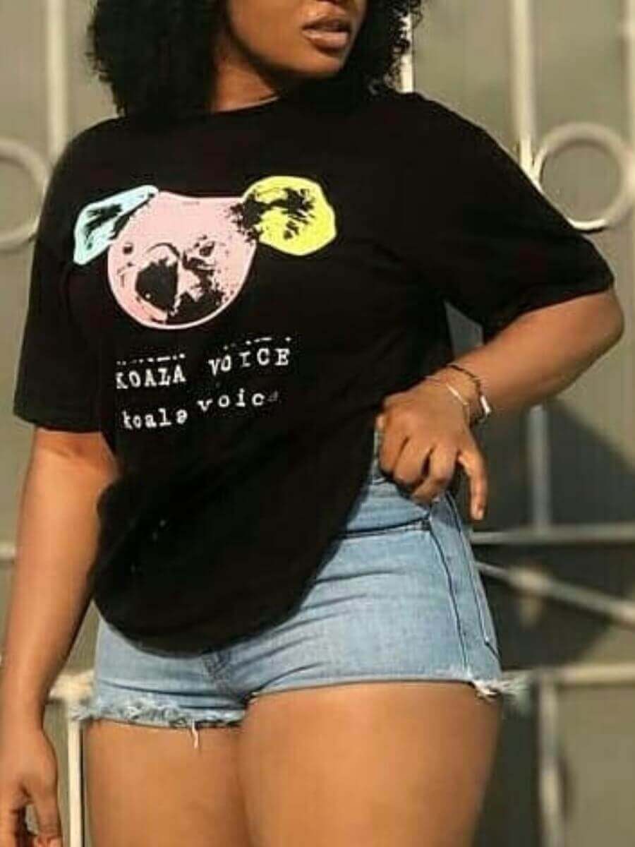 

LW Casual O Neck Cartoon Letter Print Black T-shirt