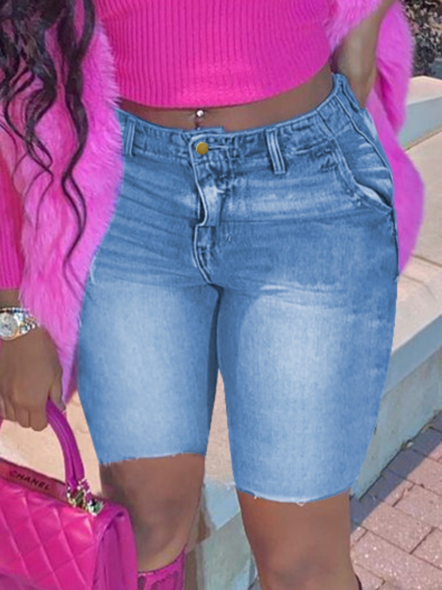 

Lovely Casual High-waisted Gradient Blue Denim Shorts
