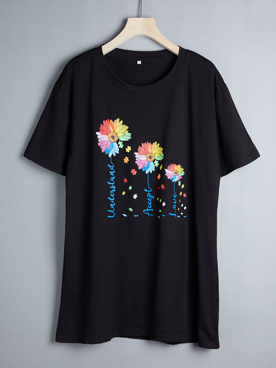 

Lovely Casual O Neck Floral Print Black T-shirt
