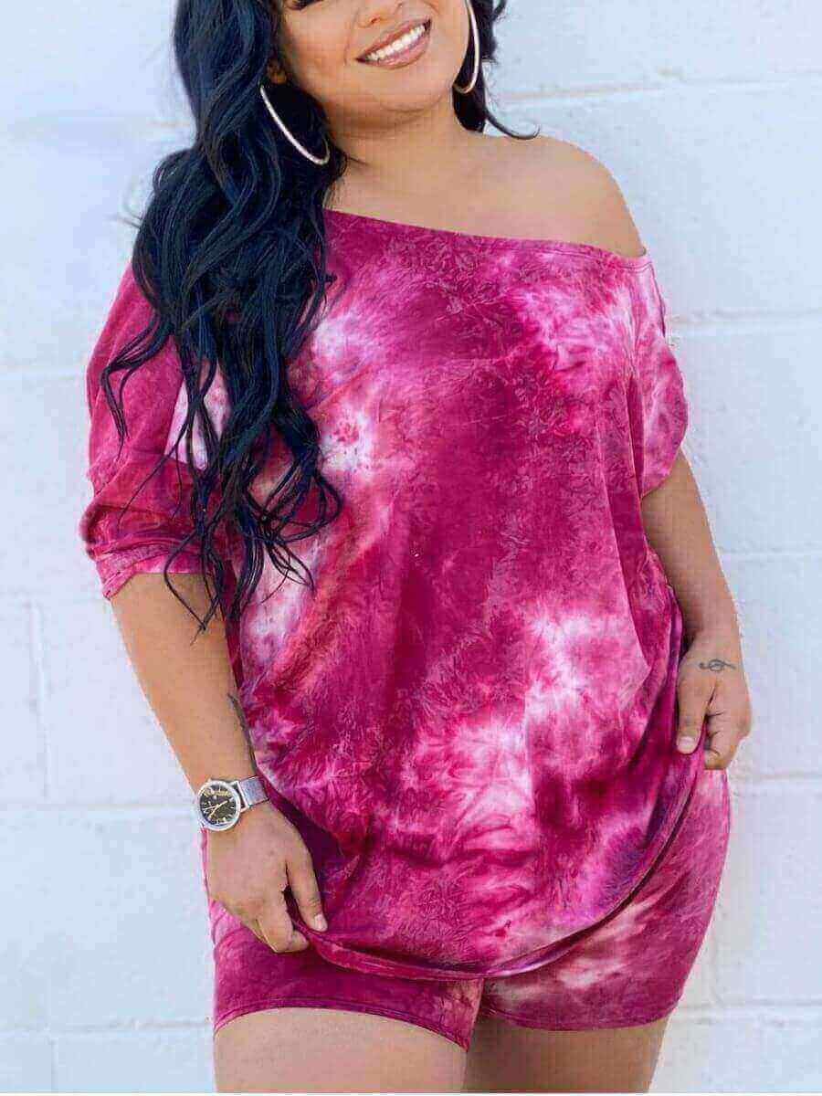 

LW Plus Size Casual Tie-dye Loose Rose Red Two-piece Shorts Set