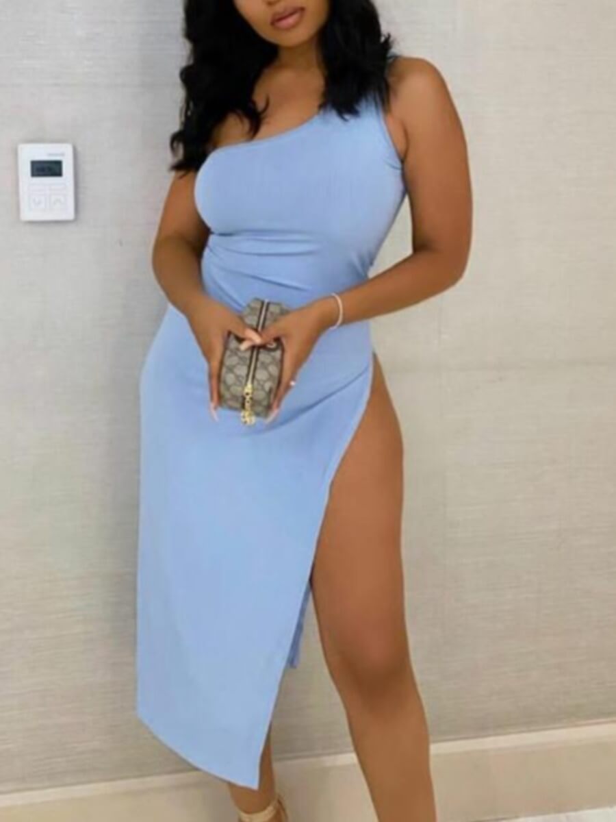 

Lovely Elegant One Shoulder Split Blue Mid Calf Dress
