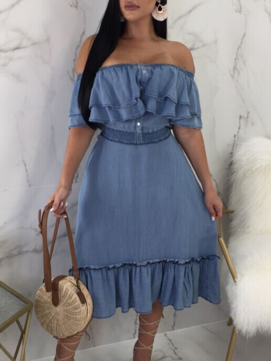 

Lovely Sweet Off The Shoulder Flounce Design Baby Blue Mid Calf Denim Dress