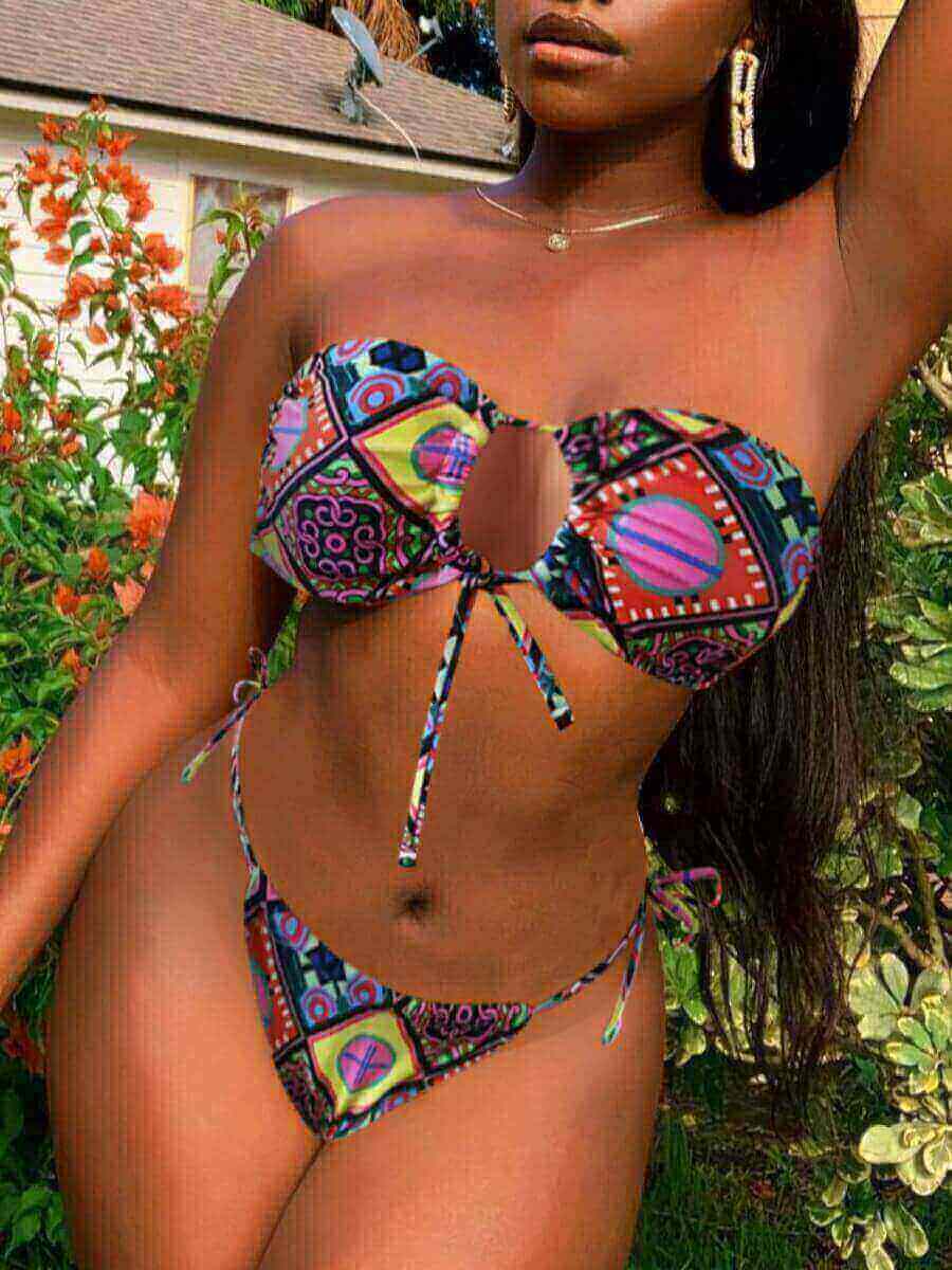 

LW Ethnic Paisley Print Bandage Hollow-out Design Multicolor Two-piece Swimsuit, Multi