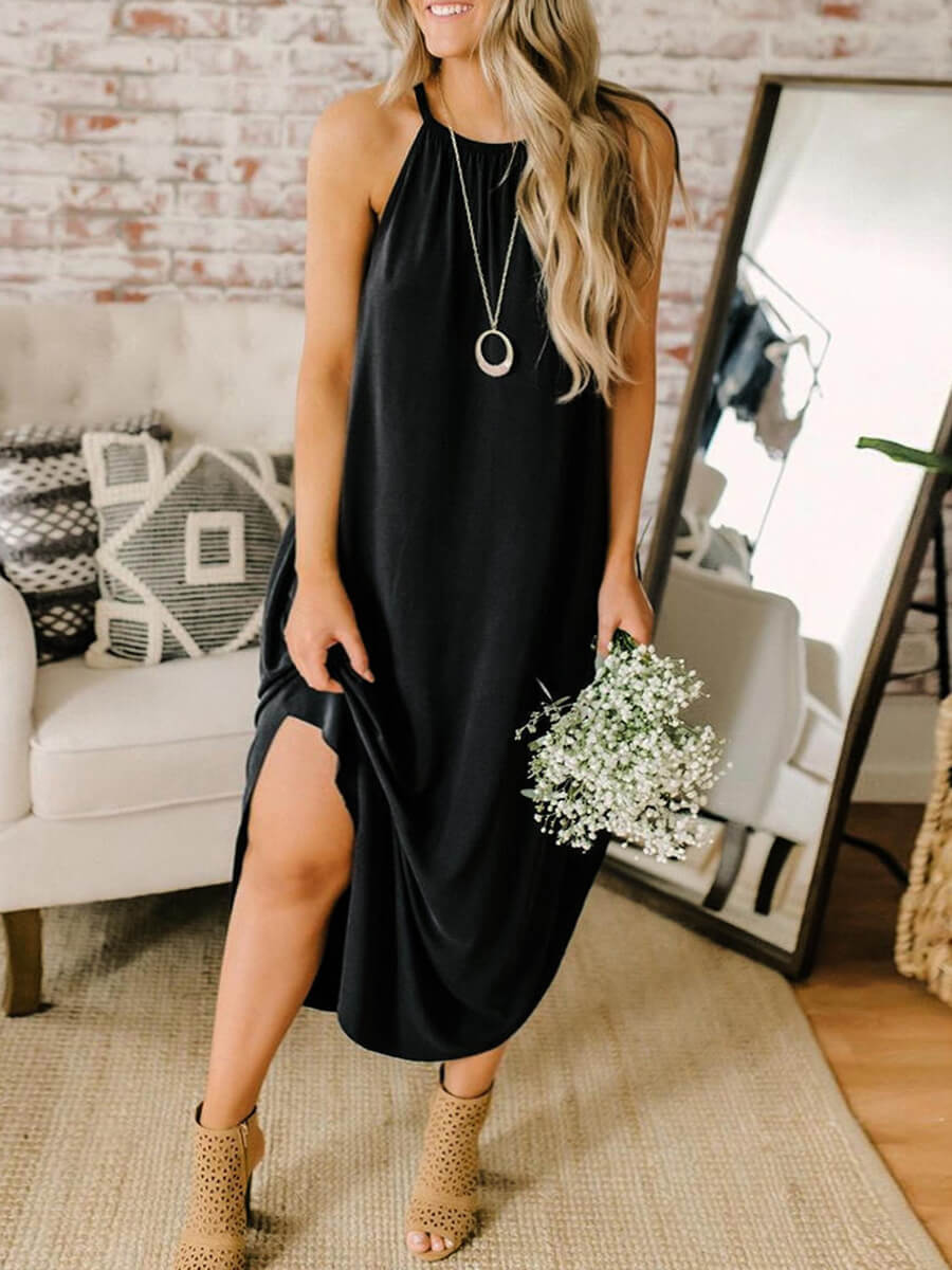 

Lovely Casual Split Loose Black Ankle Length Plus Size Dress