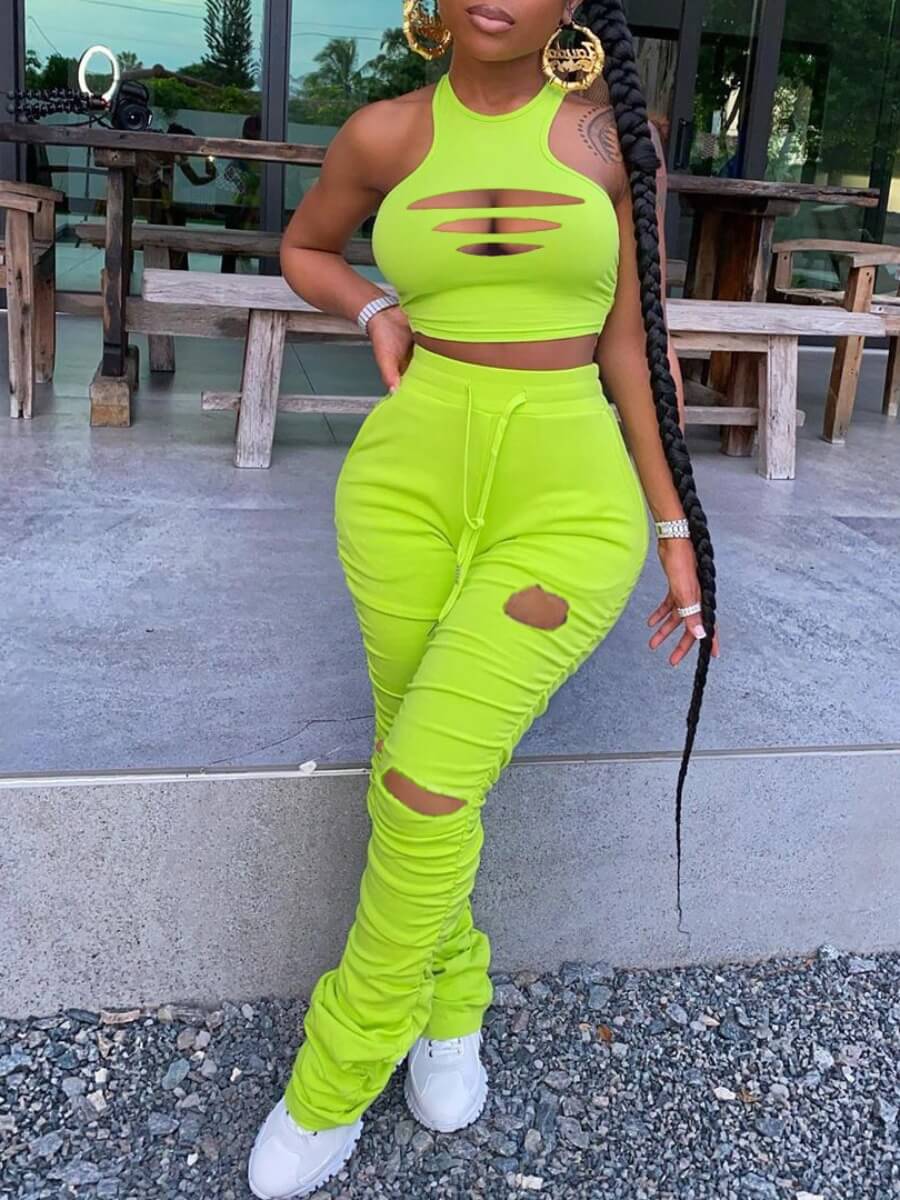 

LW Street Broken Holes Fold Design Green Two Piece Pants Set