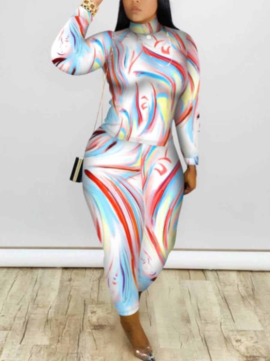 

Lovely Stylish Turtleneck Gradient Print Multicolor Plus Size Two-piece Pants Set, Multi