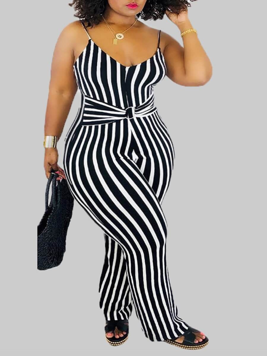 

Lovely Plus Size Work Metal Ring Decoration Striped Black One-piece Jumpsuit