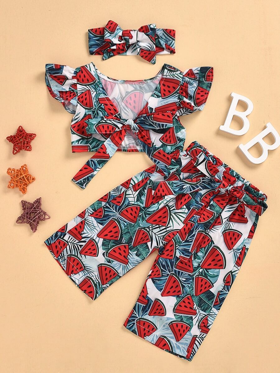 

Lovely Casual Watermelon Print Bandage Design Red Girl Two Piece Pants Set (With Headband