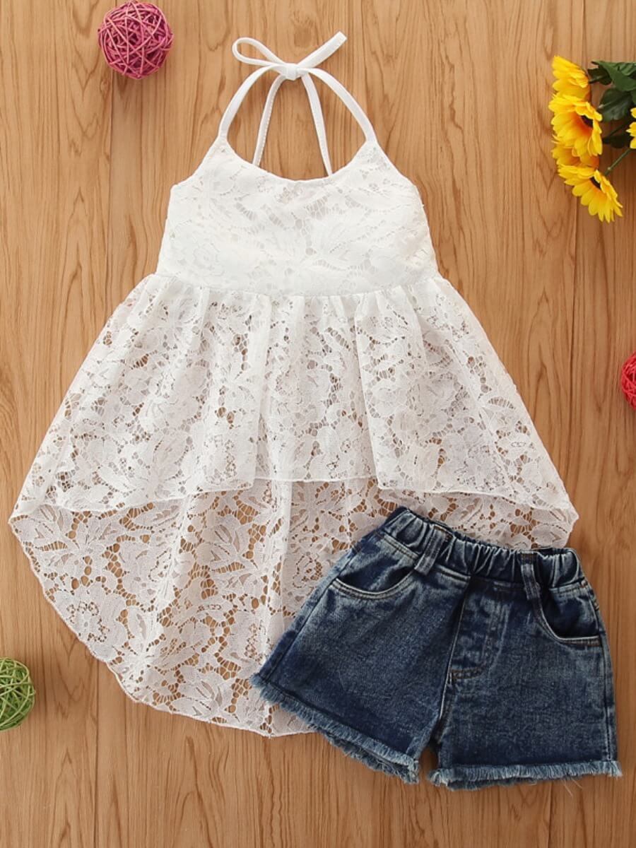

Lovely Casual Bandage Design Lace White Girl Two Piece Shorts Set