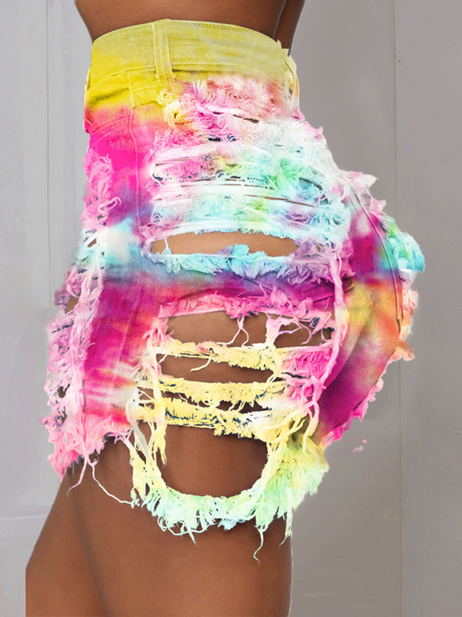 

Lovely Casual Tie-dye Broken Holes Raw Edge Yellow Plus Size Denim Shorts