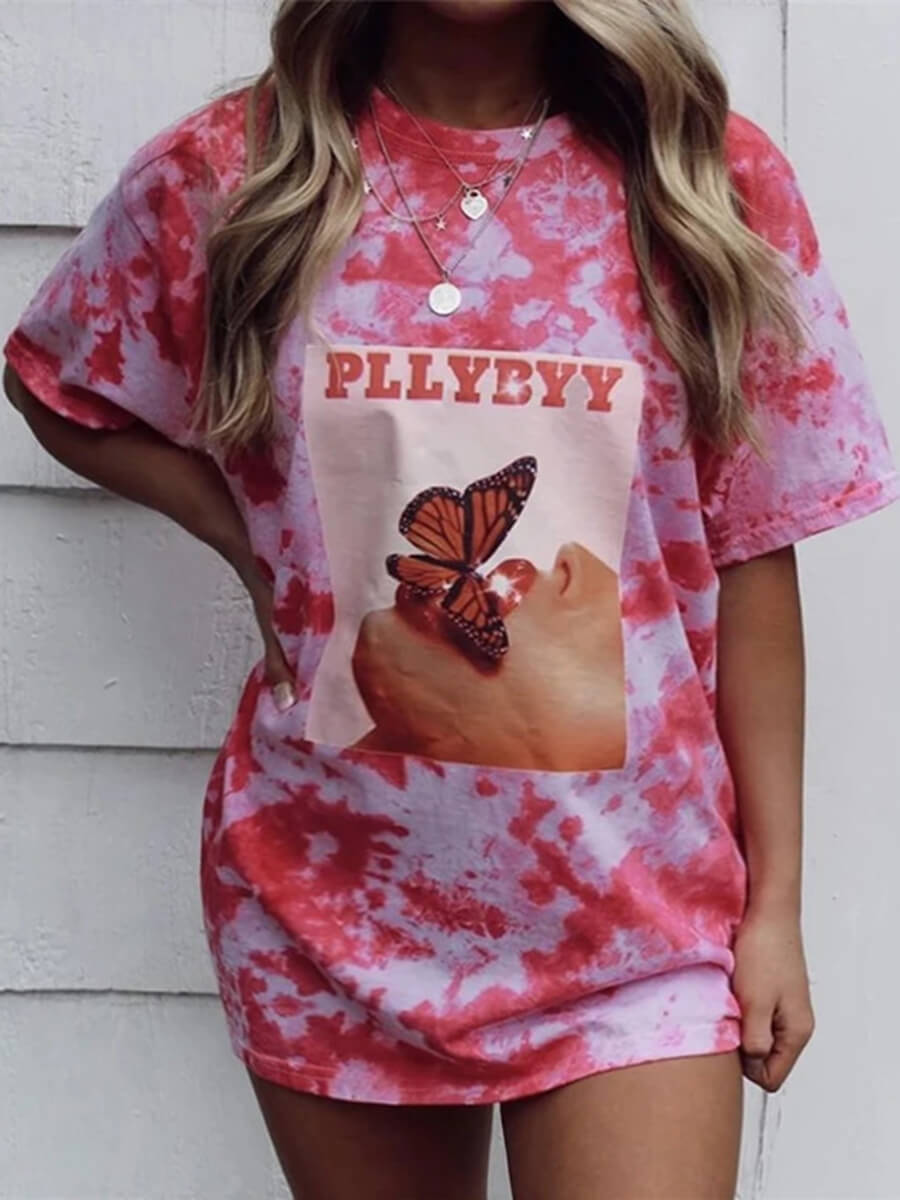 

Lovely Casual O Neck Tie-dye Butterfly Print Pink Plus Size T-shirt