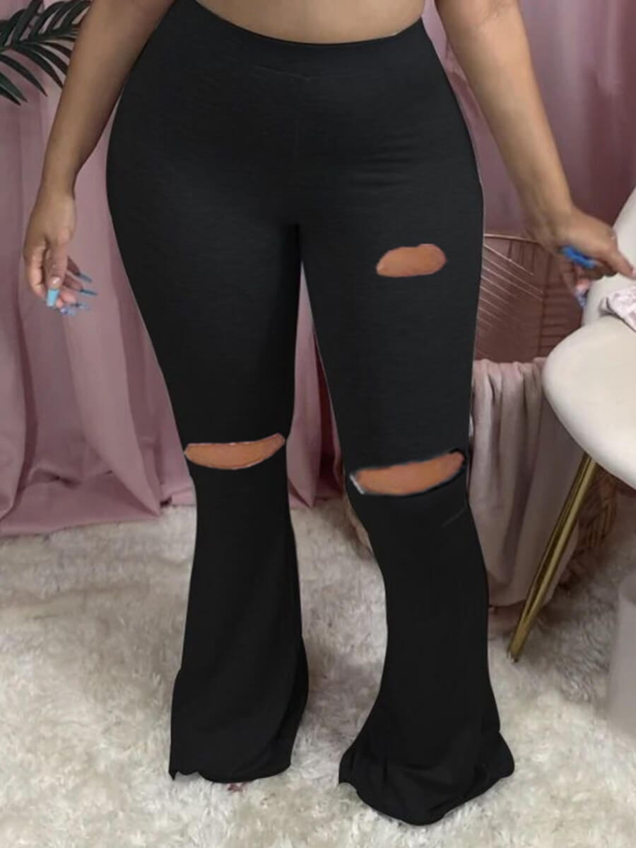 

Lovely Plus Size Casual Broken Holes Flared Black Pants