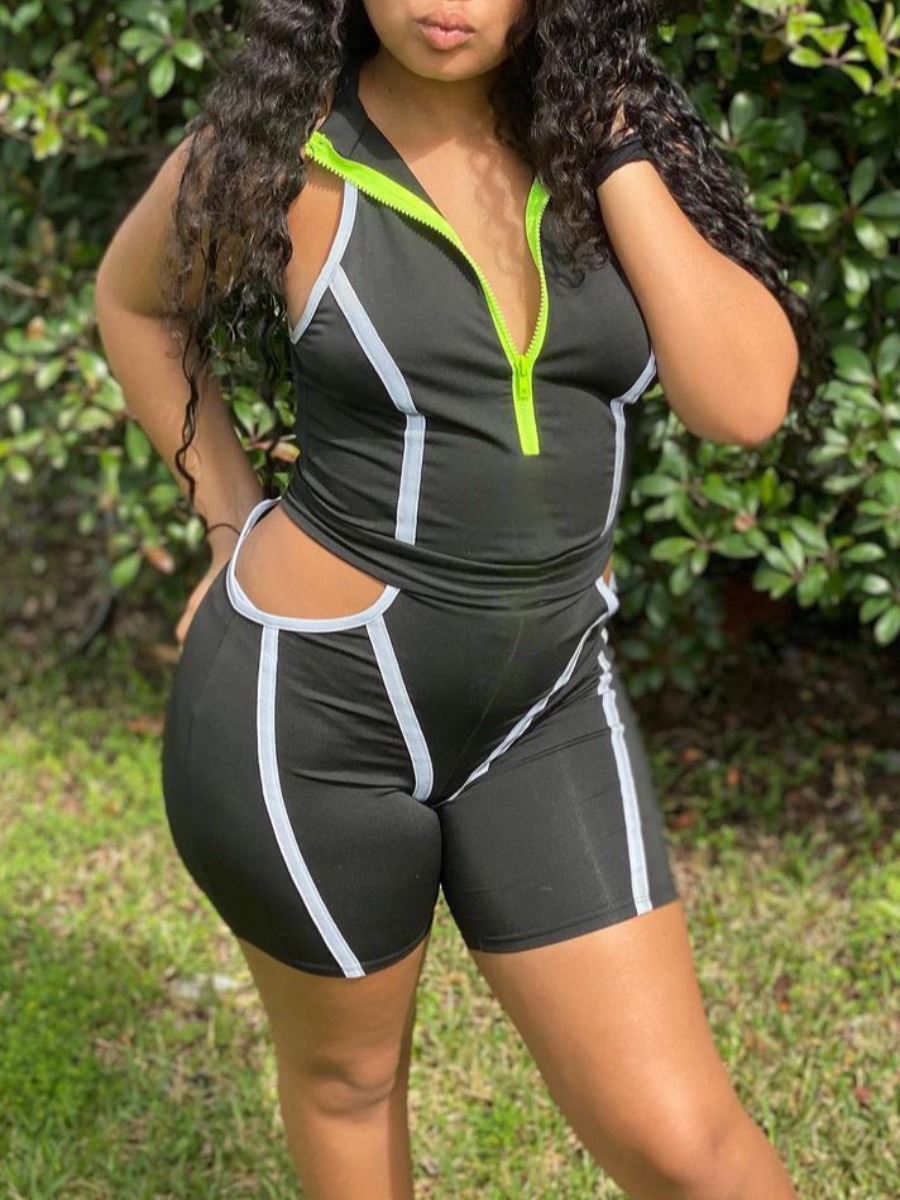 LW Sportswear Hooded Collar Striped Black Two Piece Shorts Set