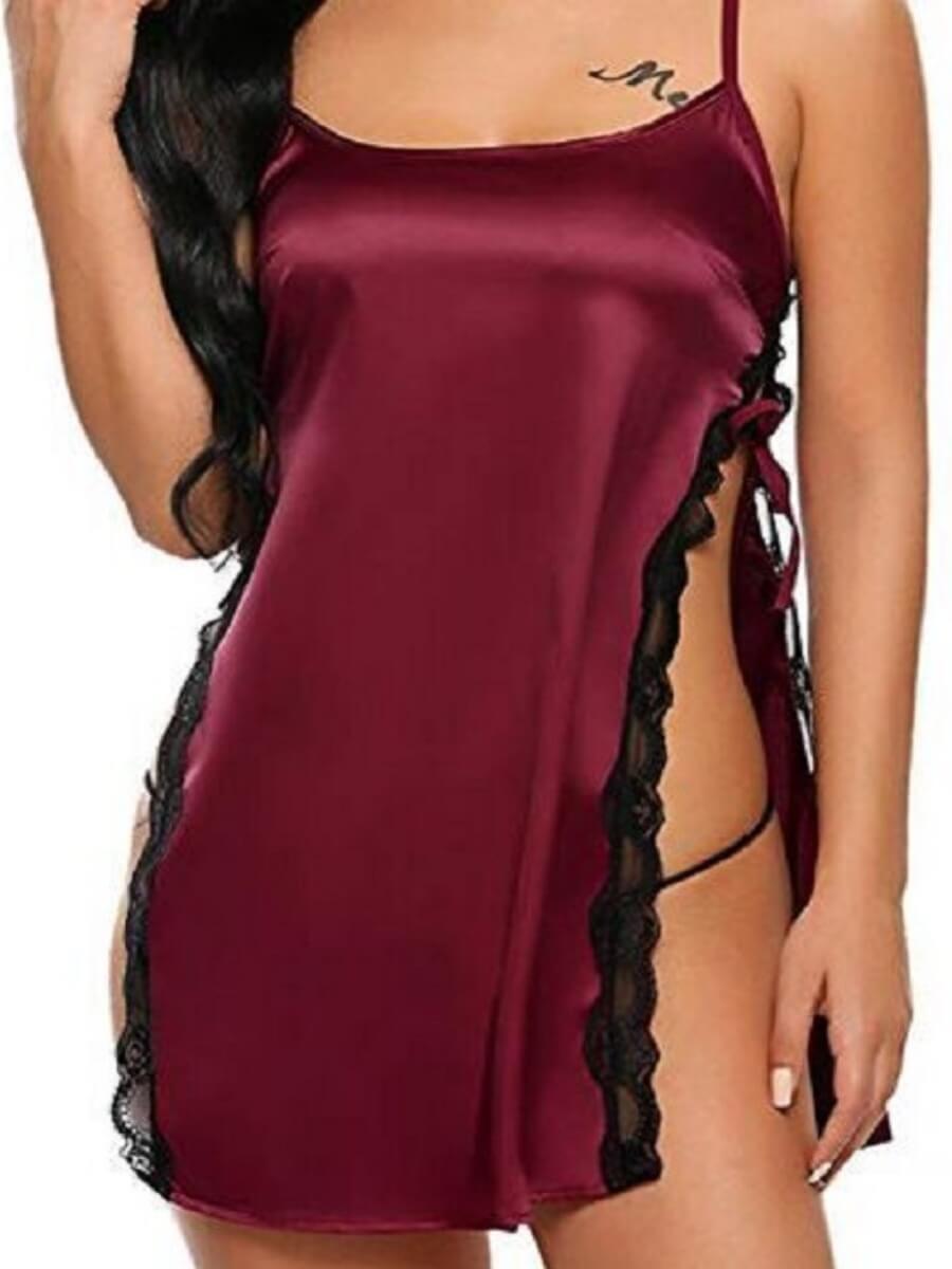 

Lovely Sexy Lace Patchwork Split Wine Red Babydoll