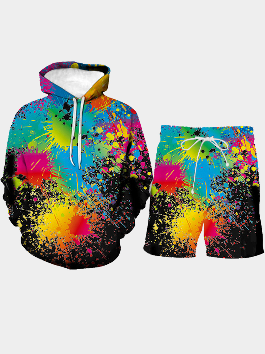 

Lovely Men Casual Hooded Collar Splash Ink Print Multicolor Two Piece Short Set, Multi