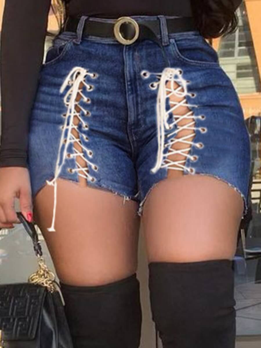 LW Plus Size Stretchy Bandage Hollow-out Design Denim Shorts