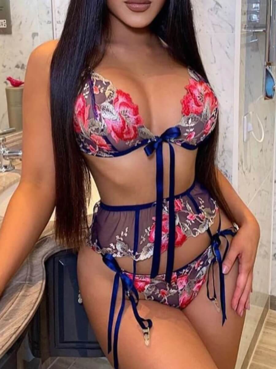 

Lovely Plus Size Sexy Floral Print Bandage Design Blue Bra Sets