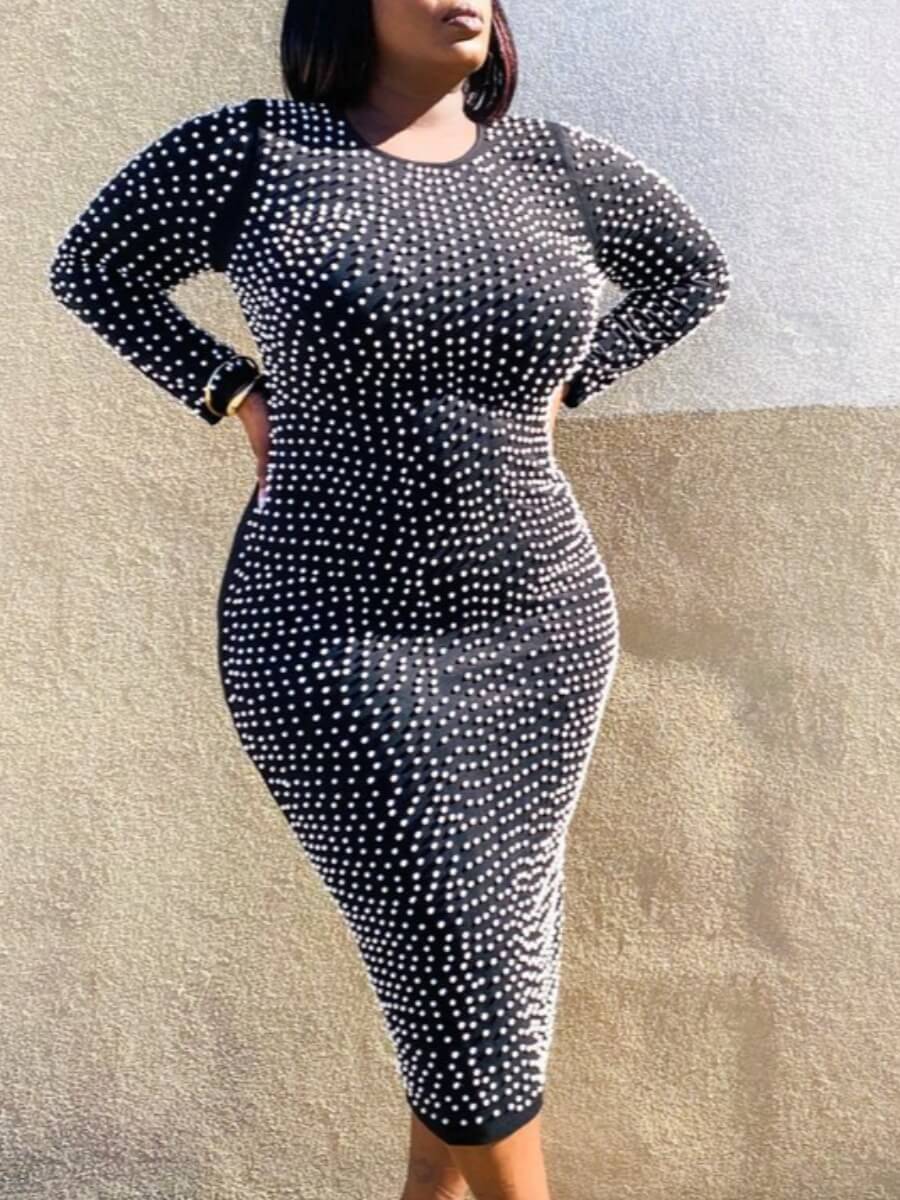 

Lovely Casual Sequined Patchwork Split Black Mid Calf Plus Size Dress