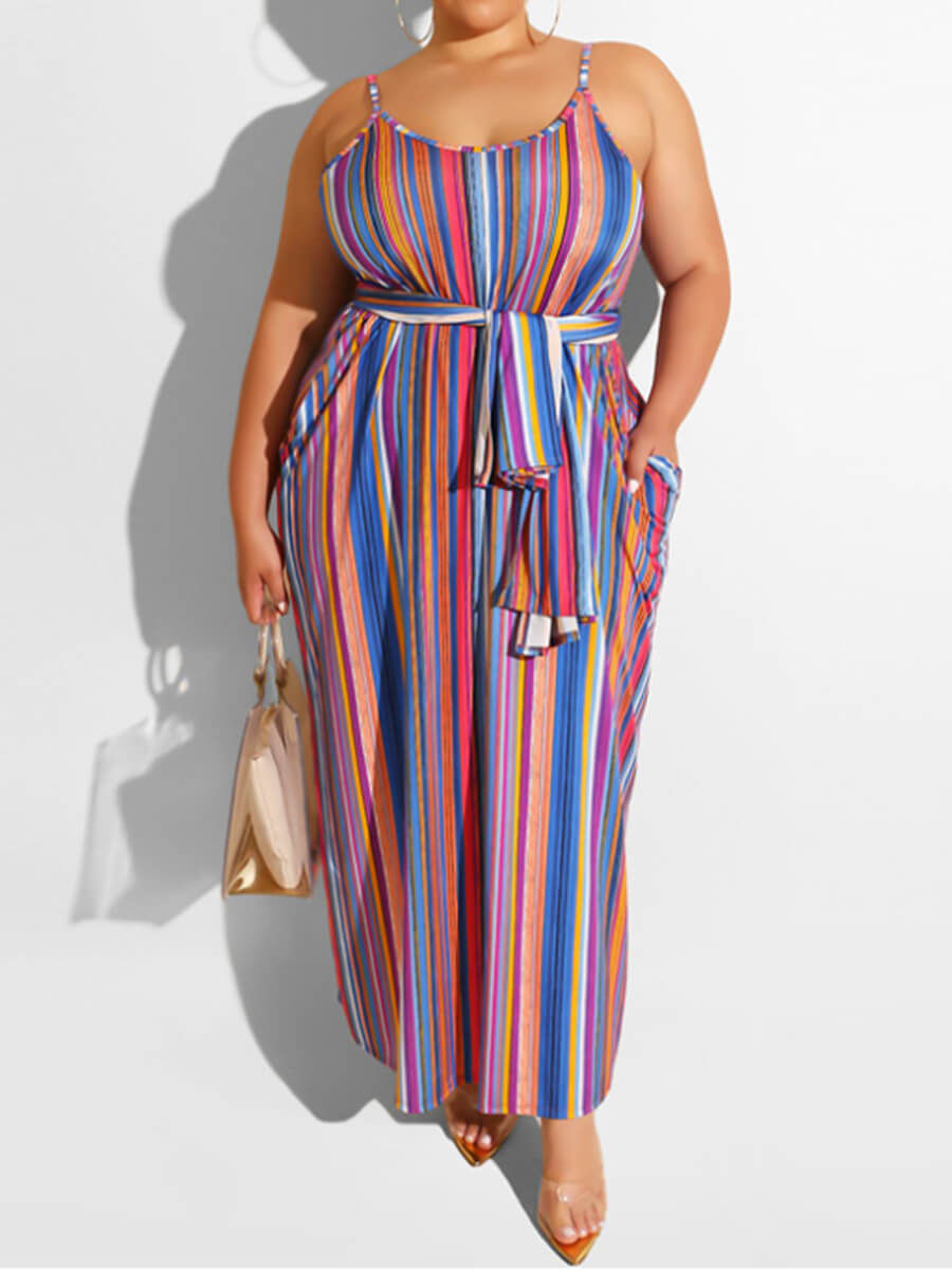 

Lovely Casual Tie Belt Striped Rose Red Floor Length Plus Size Dress