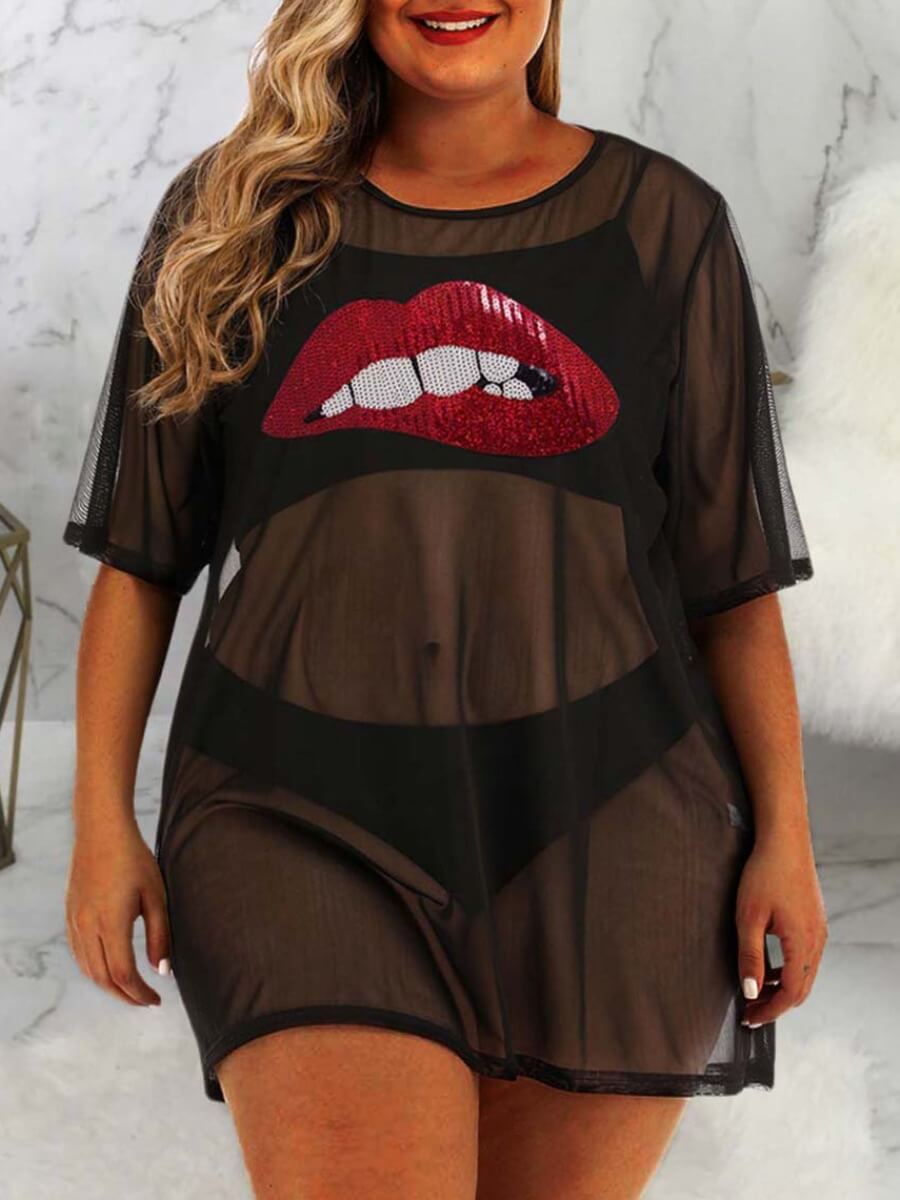 

Lovely Casual See-through Lip Print Sequined Red Plus Size Cover-up