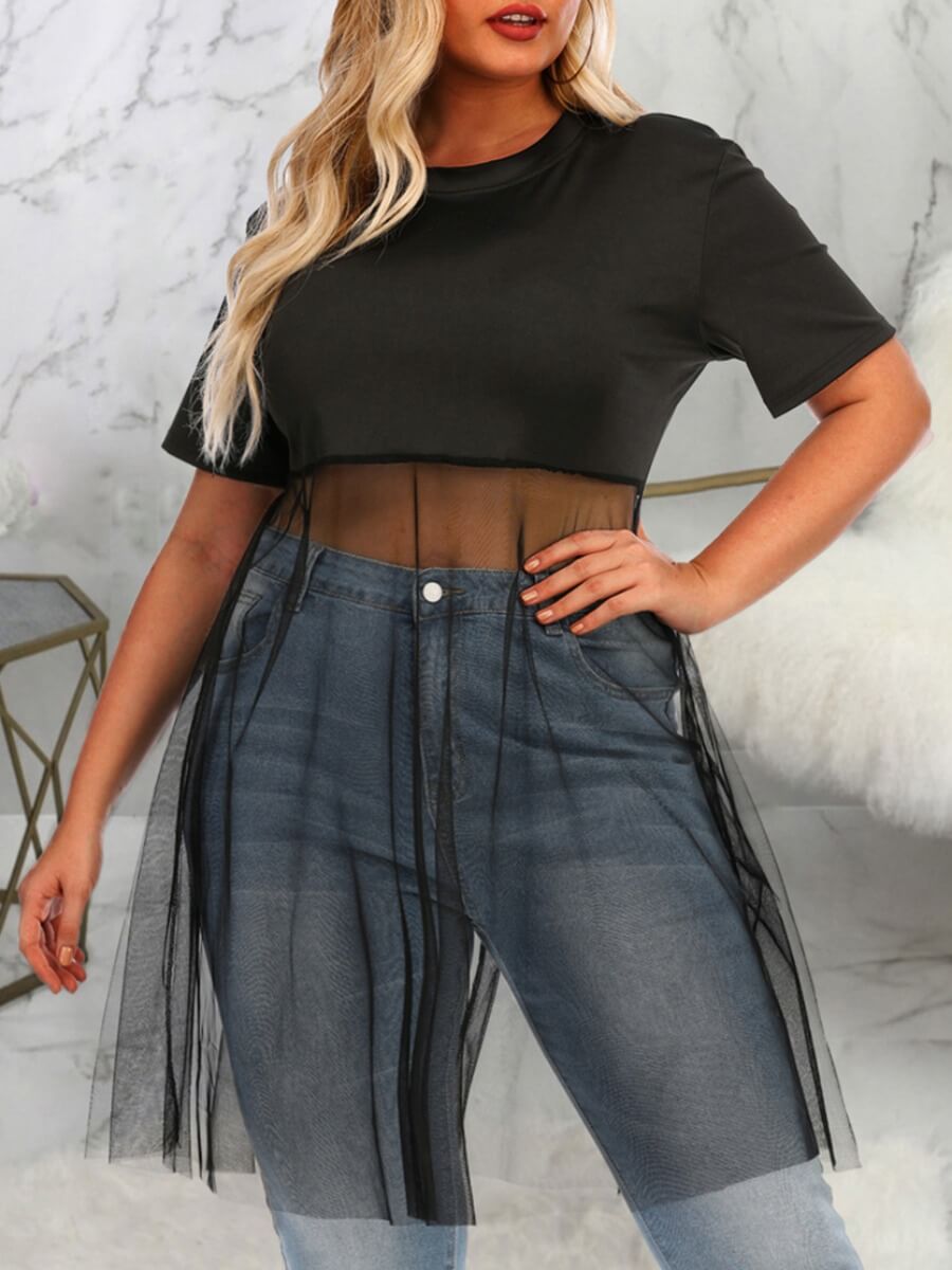 

Lovely Casual O Neck Mesh Patchwork Black Plus Size T-shirt