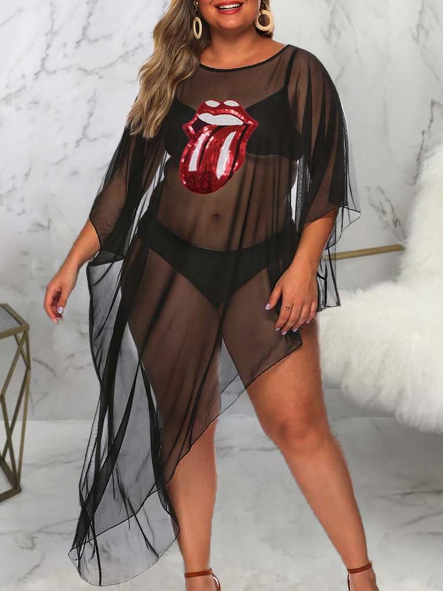 

Lovely Casual Lip Print See-through Asymmetrical Sequined Red Plus Size Cover-up
