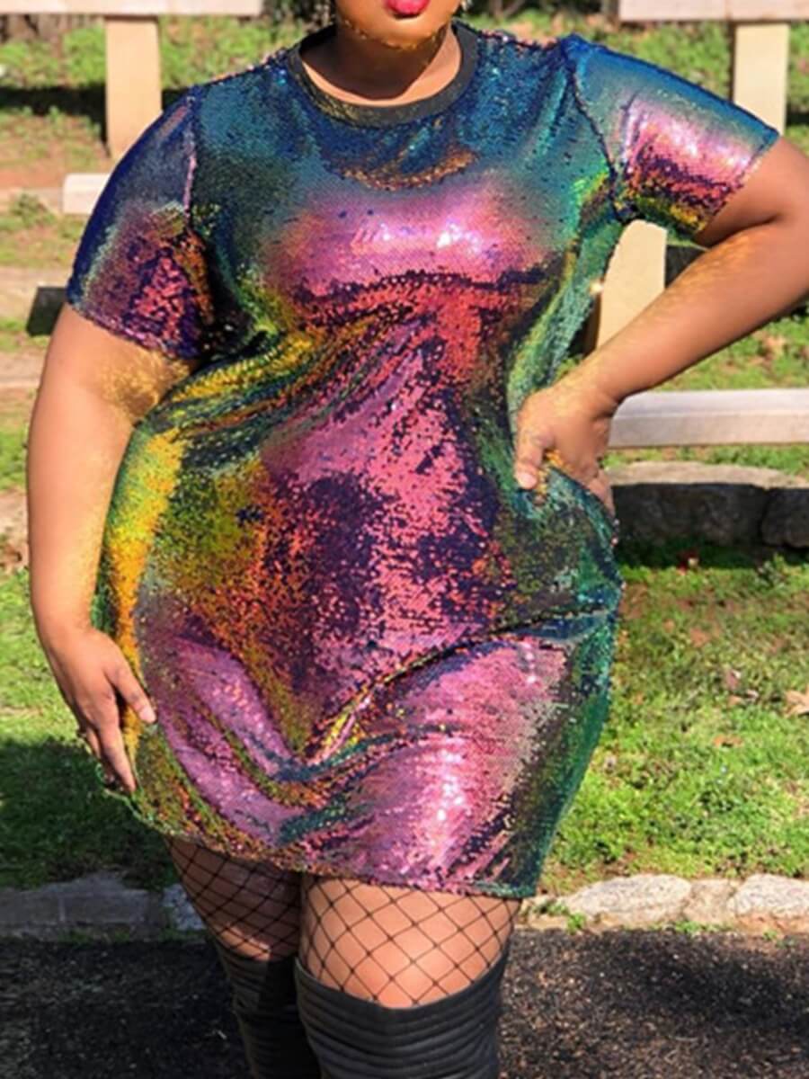 

Lovely Street O Neck Sequined Multicolor Mini Plus Size Dress, Multi