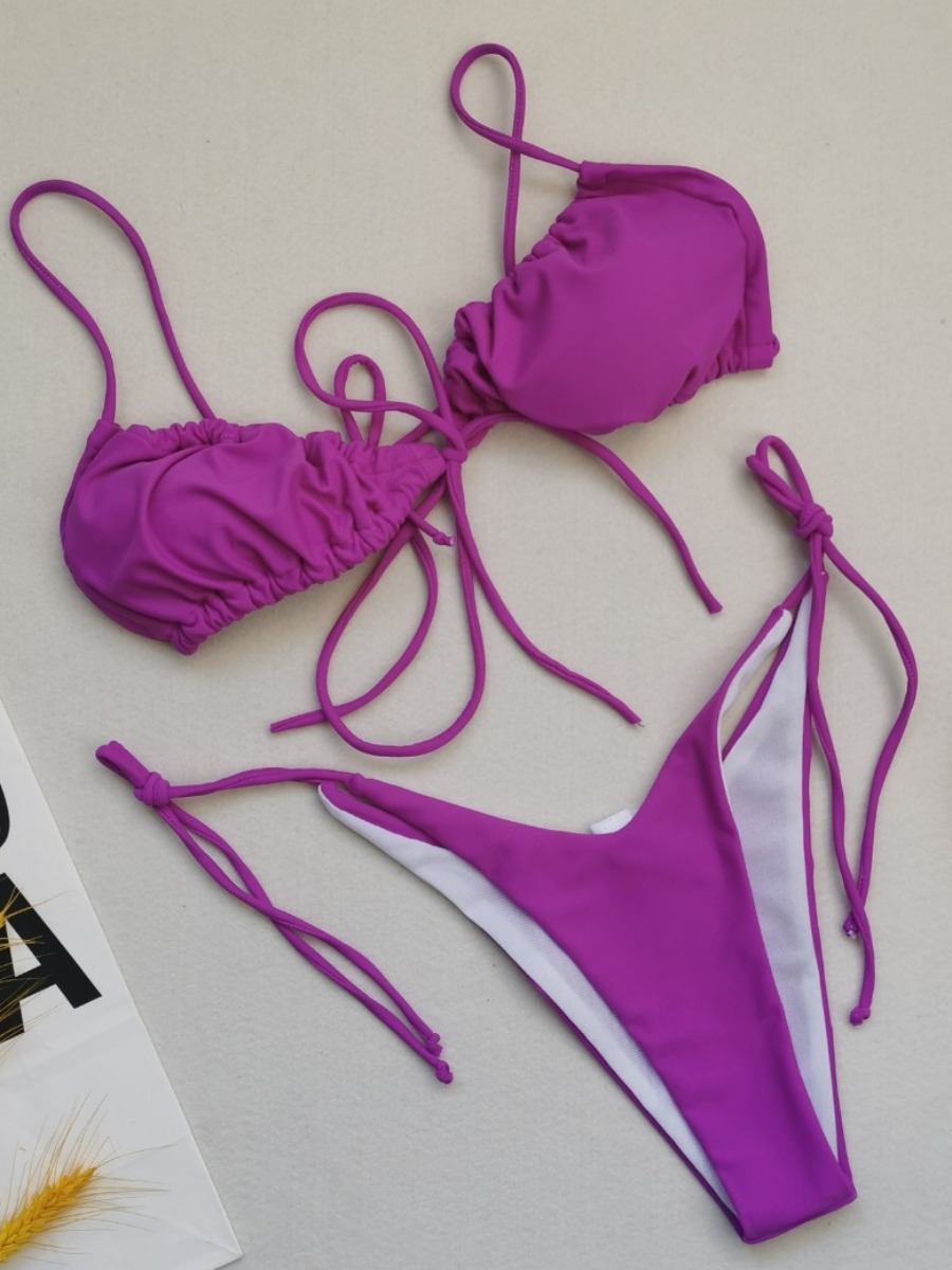 LW Casual Bandage Fold Design Purple Two-piece Swimsuit