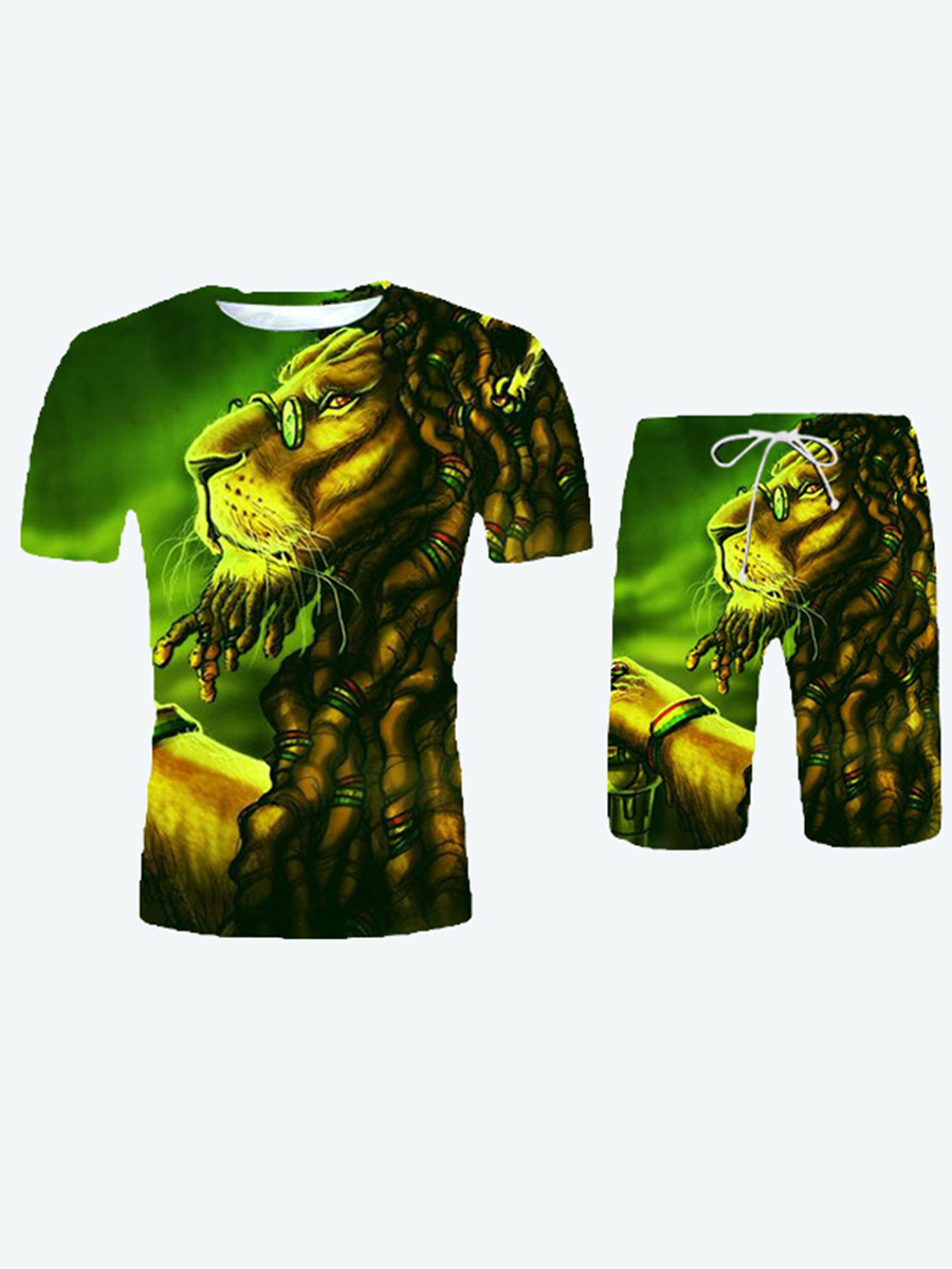 

Lovely Casual O Neck Animal Print Green Men Two Piece Shorts Set