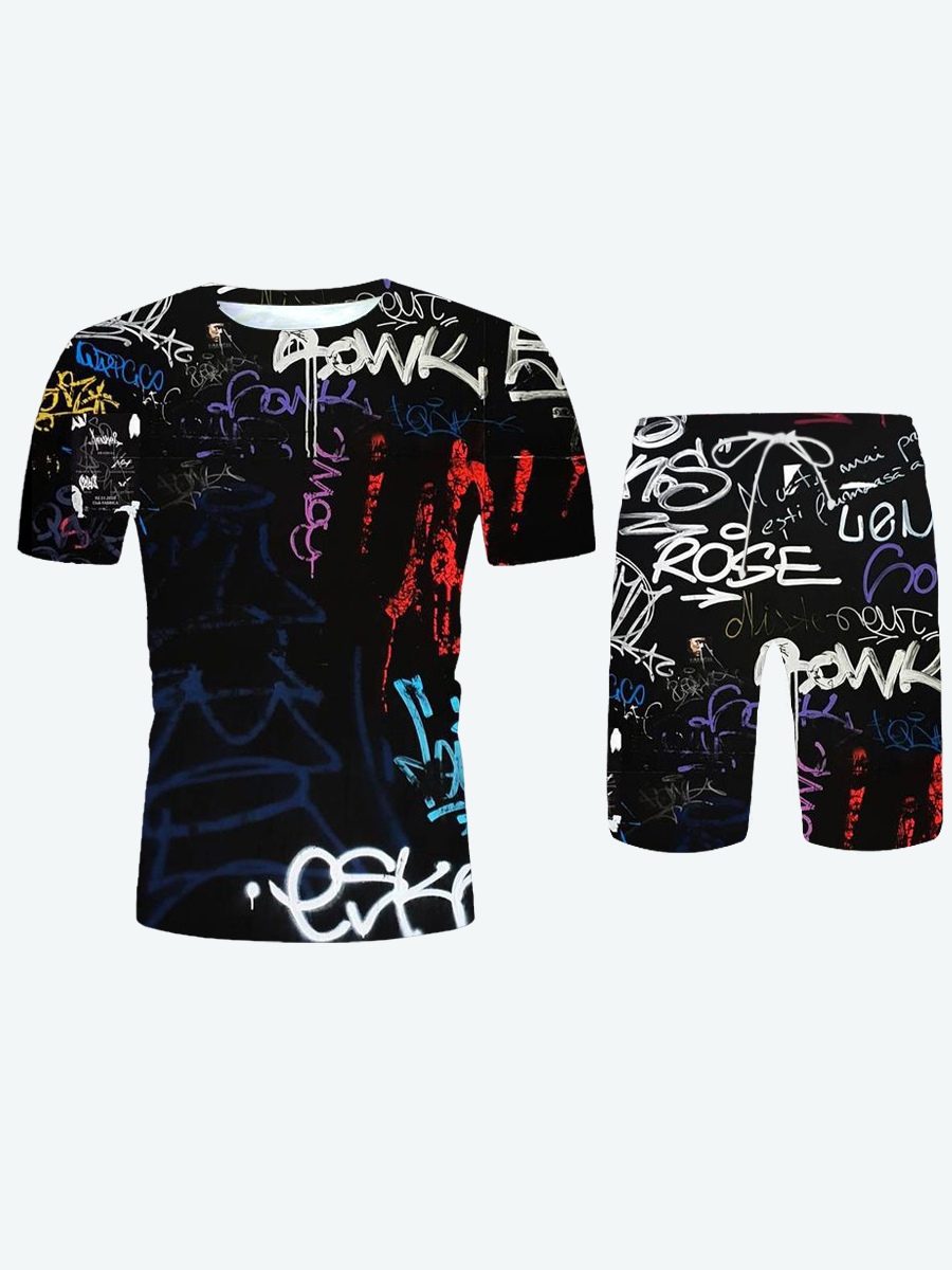 LW Casual O Neck Letter Print Black Men Two Piece Shorts Set