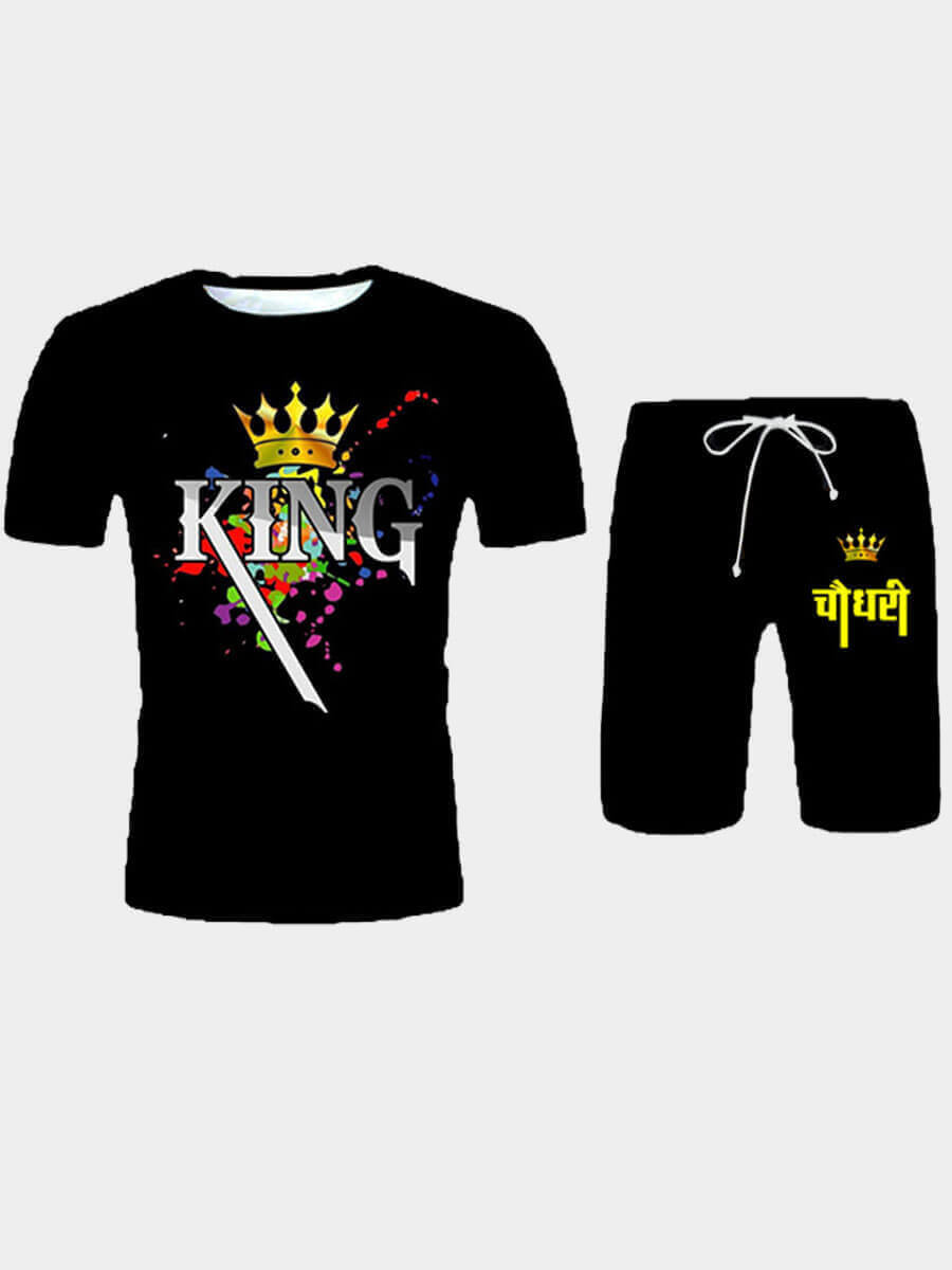 

LW Men King Crown Letter Print Shorts Set, Black