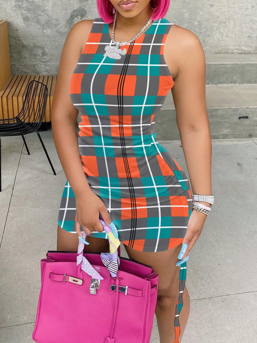 

Lovely Street O Neck Plaid Print Drawstring Red Mini Dress