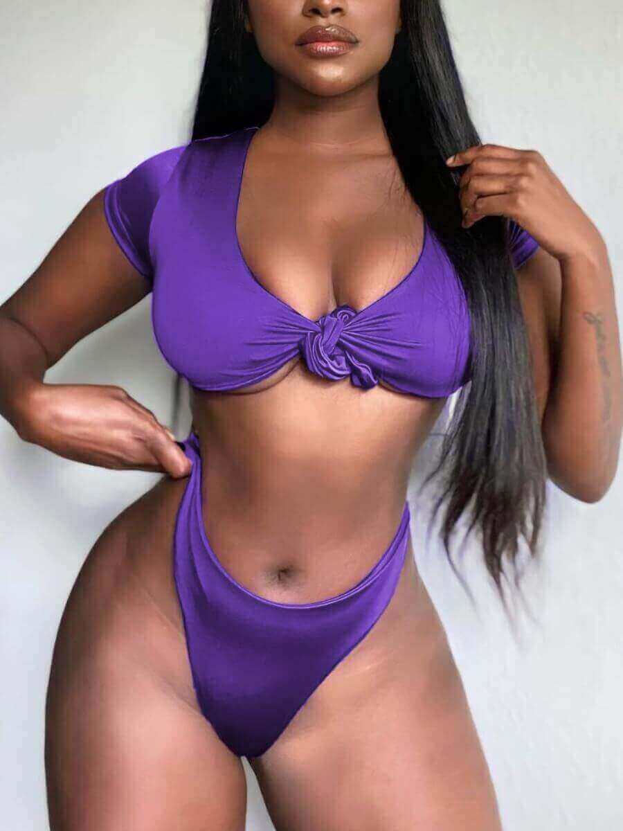 

LW Casual U Neck Bandage Design Purple Tankini