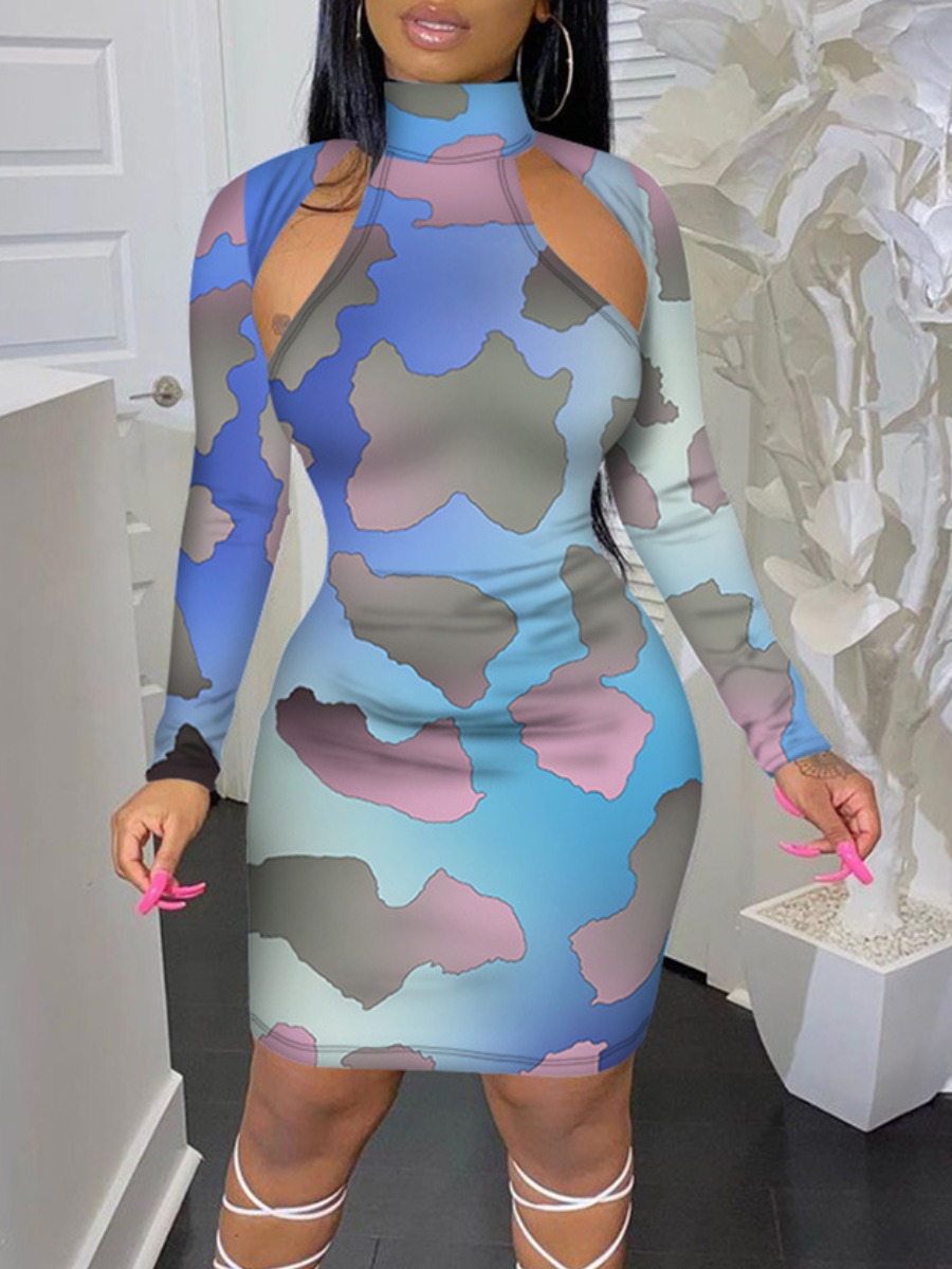 Lovely Street Turtleneck Camo Print Hollow-out Multicolor Knee Length Dress