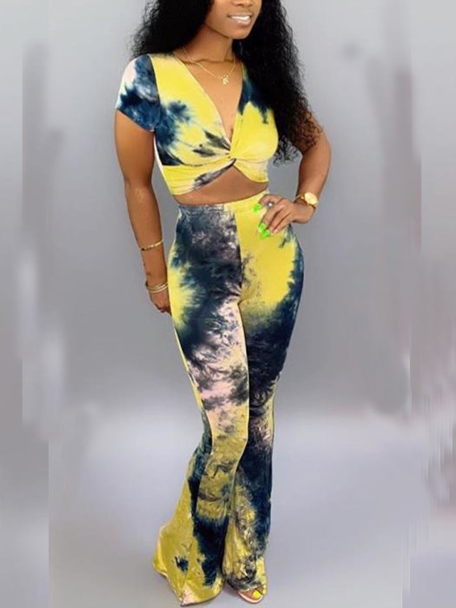 

Lovely Sweet Tie Dye Twisted Flared Yellow Two Piece Pants Set