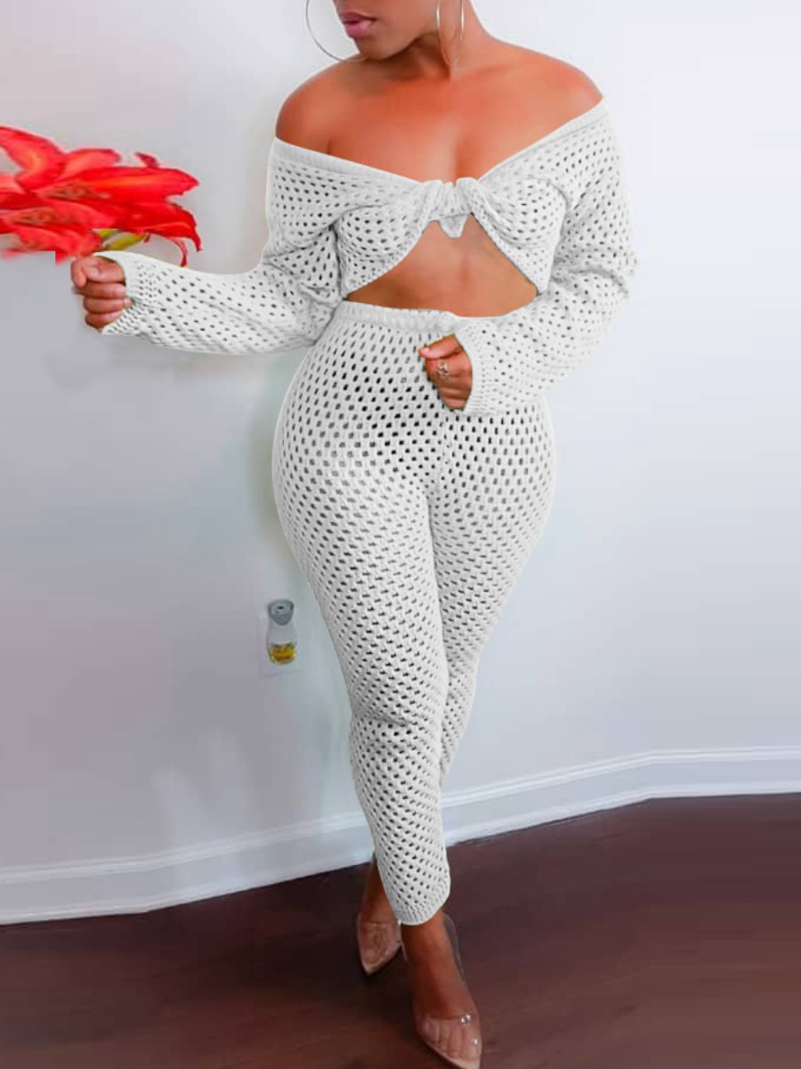 

Lovely Chic Dropped Shoulder Hollow-out White Two Piece Pants Set
