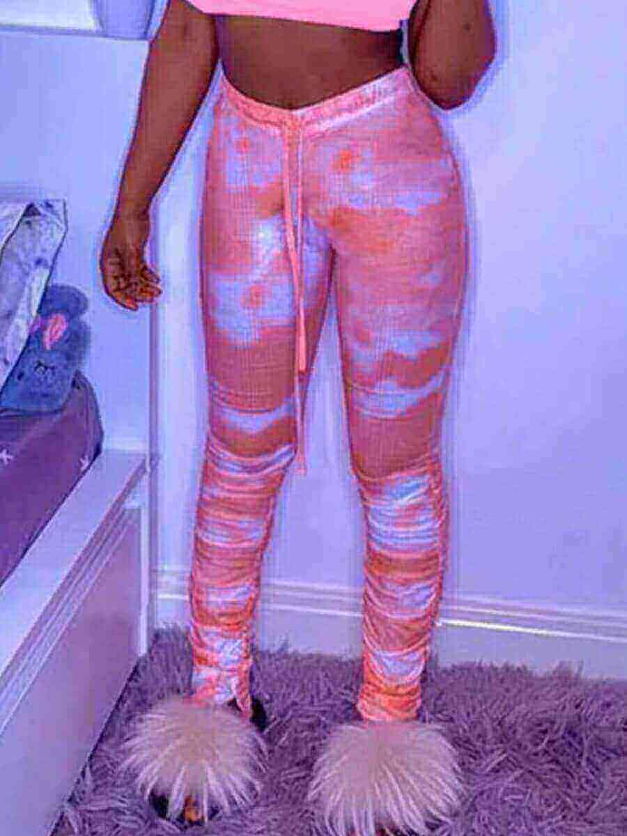 LW Casual Tie-dye Ruched Drawstring Red Pants