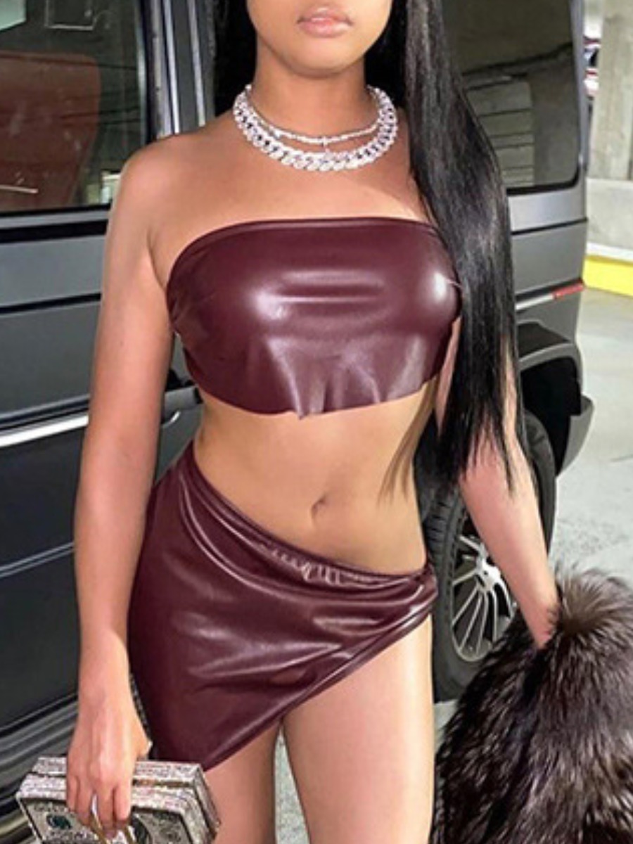 

Lovely Sexy Off The Shoulder Knot Design Wine Red Two Piece Skirt Set