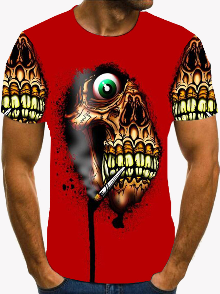 

Lovely Street Skull Head Print Patchwork Red Men T-shirt